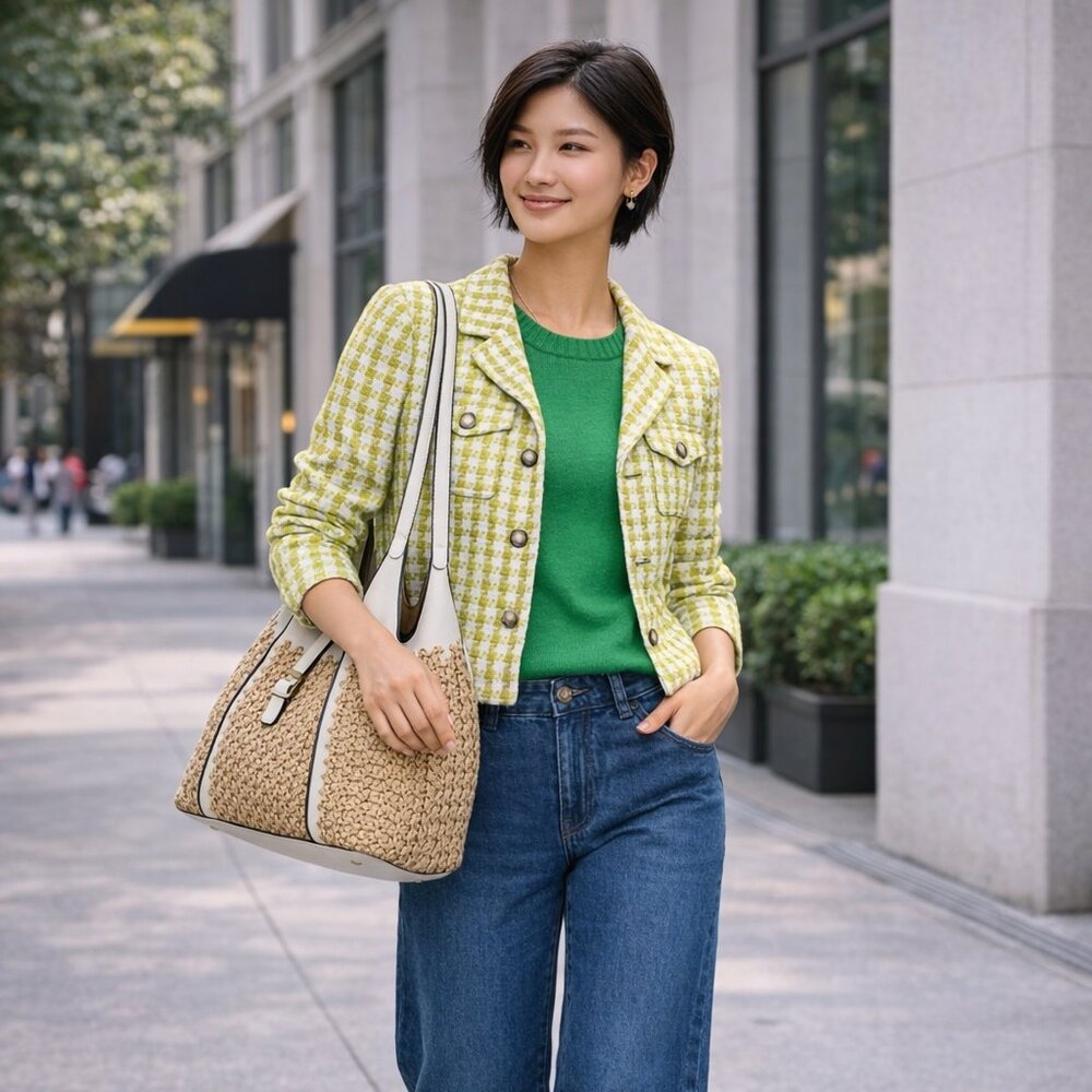 Talbots Lime Green Tweed Plaid Blazer – Size 6 Petite – Gold Buttons – NWT
